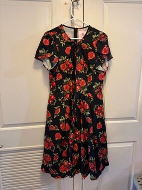 Black Floral Midi Dress with Red Pomegranate Print